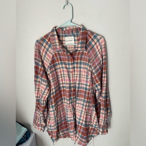 Lucky Brand Cotton Plaid Distressed Flannel Size Large - Picture 1 of 10